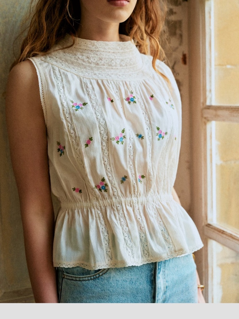 Sezane Cream Embroidered Peplum Camisole with Lace Yoke